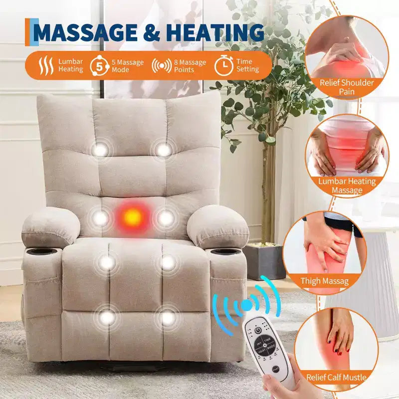 Fauteuil inclinable releveur électrique pour personnes âgées avec massage et chauffage, fauteuil inclinable berçant pivotant surdimensionné avec rembourrage doux, poche latérale et porte-gobelets