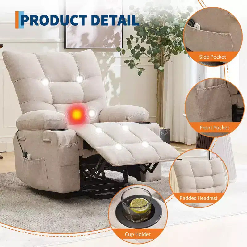 Fauteuil inclinable releveur électrique pour personnes âgées avec massage et chauffage, fauteuil inclinable berçant pivotant surdimensionné avec rembourrage doux, poche latérale et porte-gobelets