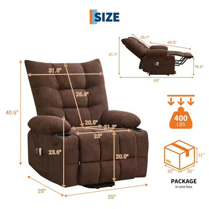 Fauteuil inclinable releveur électrique pour personnes âgées avec massage et chauffage, fauteuil inclinable berçant pivotant surdimensionné avec rembourrage doux, poche latérale et porte-gobelets