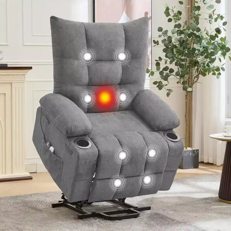 Fauteuil inclinable releveur électrique pour personnes âgées avec massage et chauffage, fauteuil inclinable berçant pivotant surdimensionné avec rembourrage doux, poche latérale et porte-gobelets