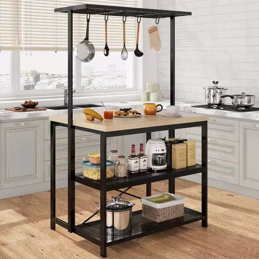 42 Kitchen Island - Microwave Stand & Baker's Rack with 3-Tier Storage Shelves, 5 Hooks & Removable Top (Natural)