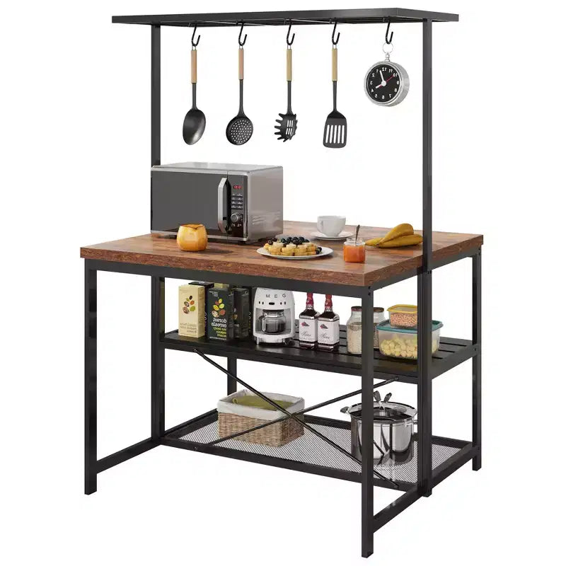 Îlot de cuisine 42" - Support pour micro-ondes et étagère de boulanger avec 3 niveaux de rangement, 5 crochets et plateau amovible (Naturel)