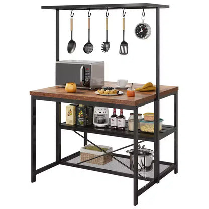 Îlot de cuisine 42" - Support pour micro-ondes et étagère de boulanger avec 3 niveaux de rangement, 5 crochets et plateau amovible (Naturel)