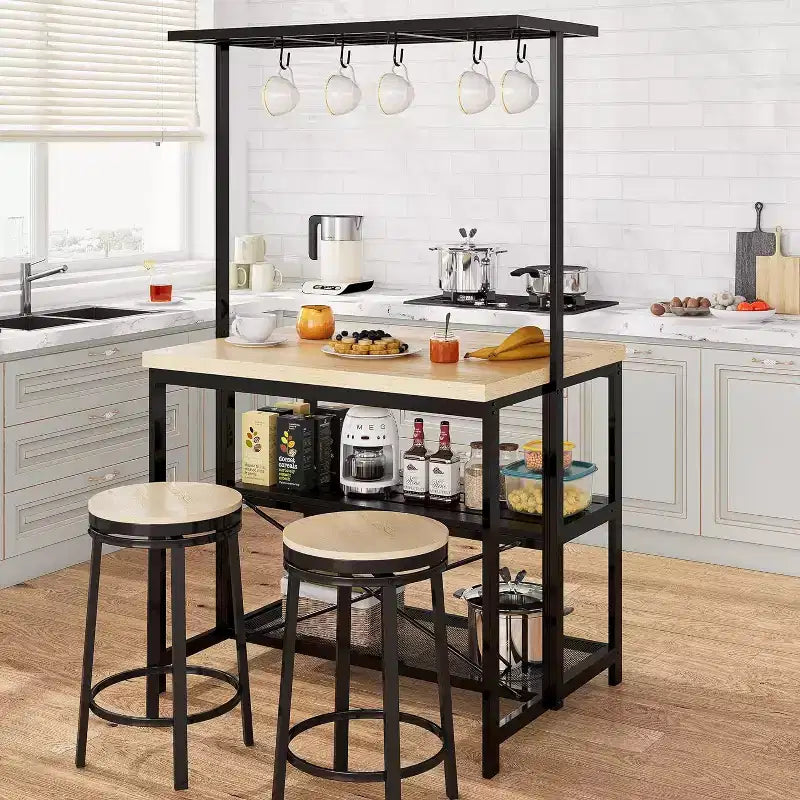 Îlot de cuisine 42" - Support pour micro-ondes et étagère de boulanger avec 3 niveaux de rangement, 5 crochets et plateau amovible (Naturel)