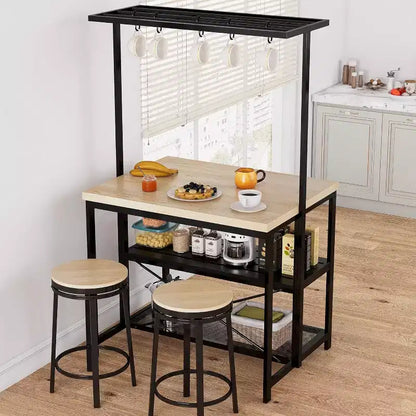 Îlot de cuisine 42" - Support pour micro-ondes et étagère de boulanger avec 3 niveaux de rangement, 5 crochets et plateau amovible (Naturel)
