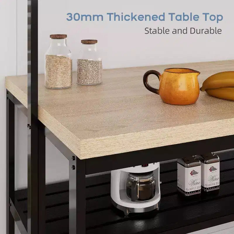 Îlot de cuisine 42" - Support pour micro-ondes et étagère de boulanger avec 3 niveaux de rangement, 5 crochets et plateau amovible (Naturel)