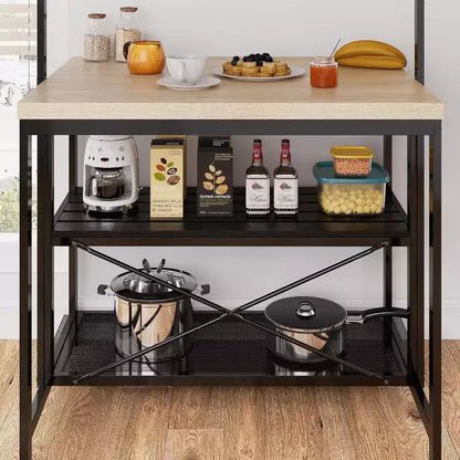 Îlot de cuisine 42" - Support pour micro-ondes et étagère de boulanger avec 3 niveaux de rangement, 5 crochets et plateau amovible (Naturel)