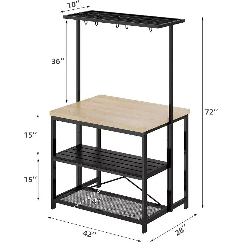 Îlot de cuisine 42" - Support pour micro-ondes et étagère de boulanger avec 3 niveaux de rangement, 5 crochets et plateau amovible (Naturel)