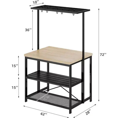 Îlot de cuisine 42" - Support pour micro-ondes et étagère de boulanger avec 3 niveaux de rangement, 5 crochets et plateau amovible (Naturel)