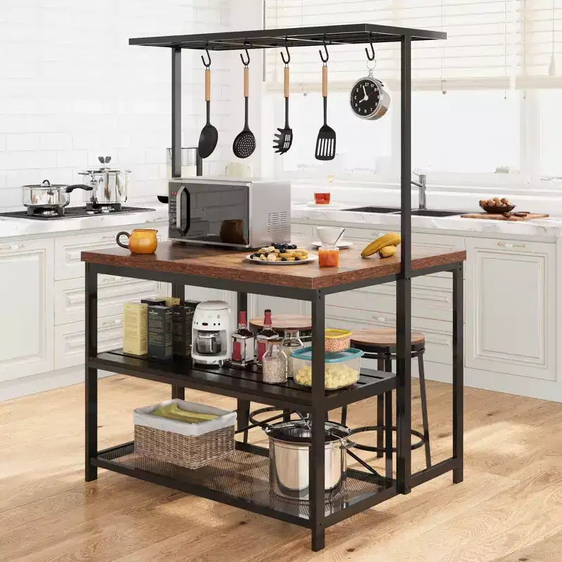 Îlot de cuisine 42" - Support pour micro-ondes et étagère de boulanger avec 3 niveaux de rangement, 5 crochets et plateau amovible (Naturel)
