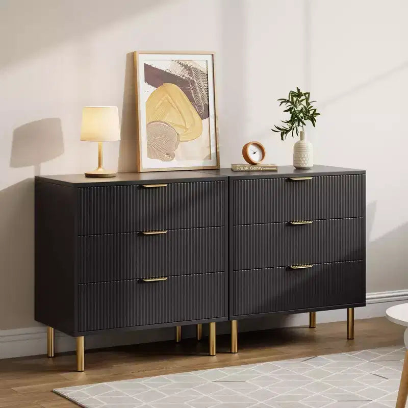 Commode noire, commode moderne à 3 tiroirs pour chambre à coucher avec poignée dorée et grand tiroir