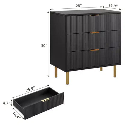 Commode noire, commode moderne à 3 tiroirs pour chambre à coucher avec poignée dorée et grand tiroir