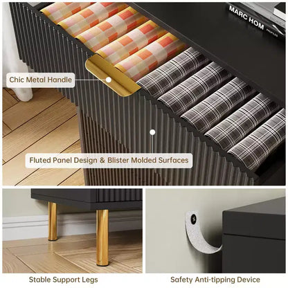 Commode noire, commode moderne à 3 tiroirs pour chambre à coucher avec poignée dorée et grand tiroir