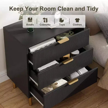 Commode noire, commode moderne à 3 tiroirs pour chambre à coucher avec poignée dorée et grand tiroir