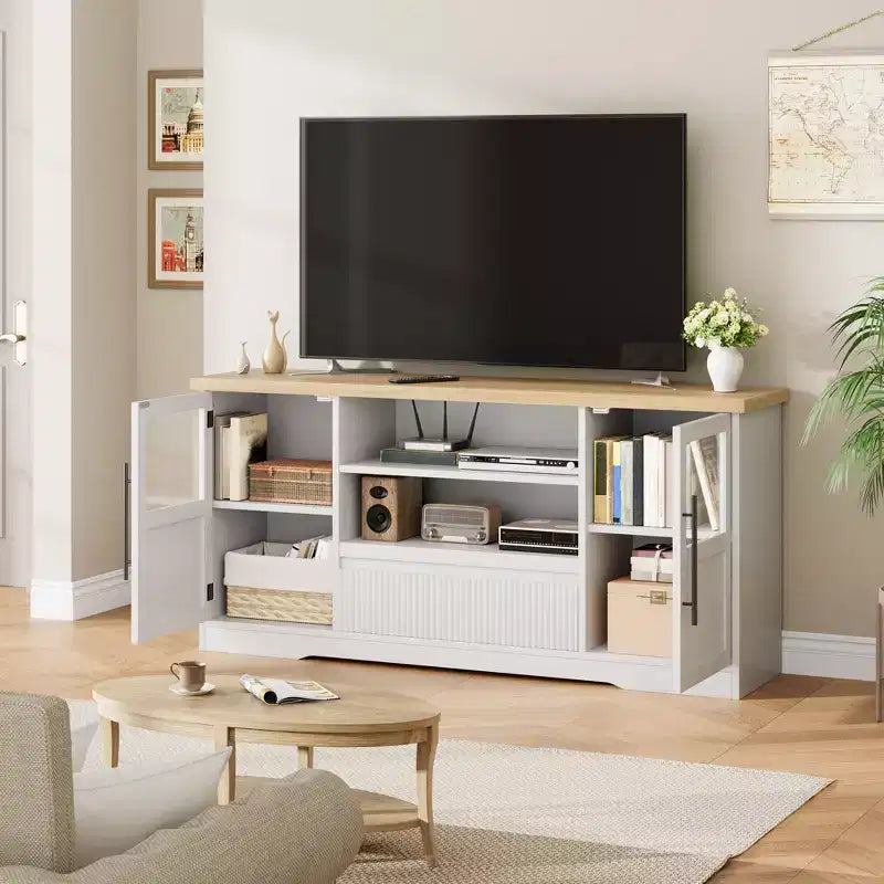 Meuble TV compatible avec les téléviseurs jusqu'à 72 pouces, meuble de divertissement avec motif ondulé et 2 armoires à portes vitrées, console multimédia TV avec 2 portes ouvertes (naturel+blanc)