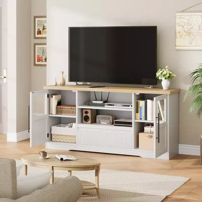 Meuble TV compatible avec les téléviseurs jusqu'à 72 pouces, meuble de divertissement avec motif ondulé et 2 armoires à portes vitrées, console multimédia TV avec 2 portes ouvertes (naturel+blanc)