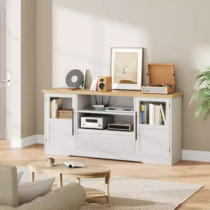 Meuble TV compatible avec les téléviseurs jusqu'à 72 pouces, meuble de divertissement avec motif ondulé et 2 armoires à portes vitrées, console multimédia TV avec 2 portes ouvertes (naturel+blanc)