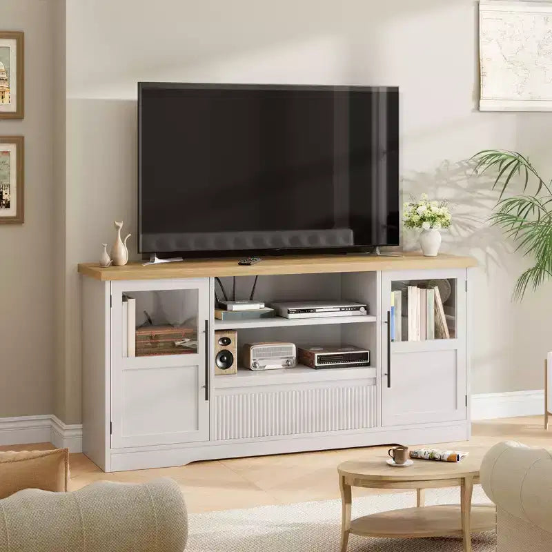 Meuble TV compatible avec les téléviseurs jusqu'à 72 pouces, meuble de divertissement avec motif ondulé et 2 armoires à portes vitrées, console multimédia TV avec 2 portes ouvertes (naturel+blanc)
