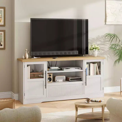 Meuble TV compatible avec les téléviseurs jusqu'à 72 pouces, meuble de divertissement avec motif ondulé et 2 armoires à portes vitrées, console multimédia TV avec 2 portes ouvertes (naturel+blanc)