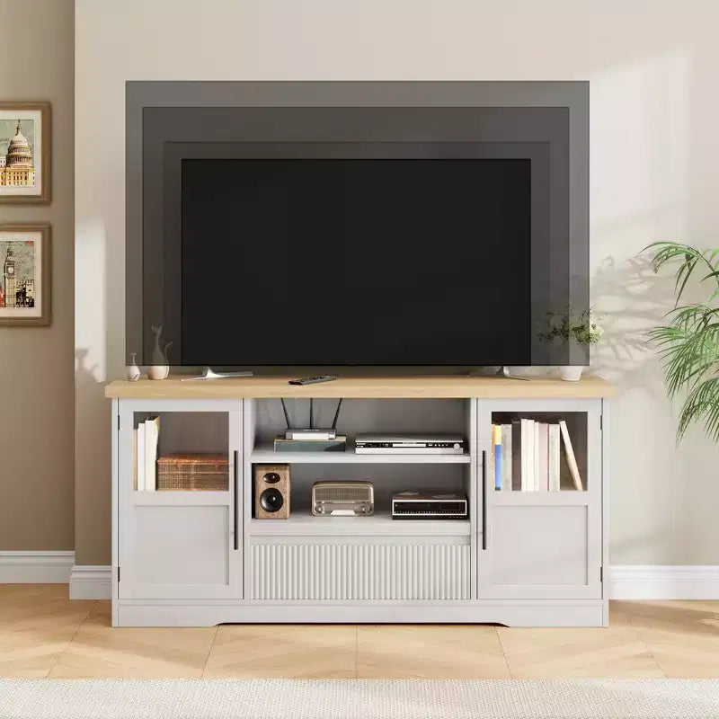 Meuble TV compatible avec les téléviseurs jusqu'à 72 pouces, meuble de divertissement avec motif ondulé et 2 armoires à portes vitrées, console multimédia TV avec 2 portes ouvertes (naturel+blanc)