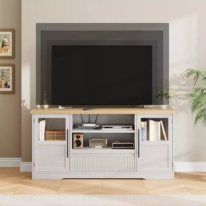 Meuble TV compatible avec les téléviseurs jusqu'à 72 pouces, meuble de divertissement avec motif ondulé et 2 armoires à portes vitrées, console multimédia TV avec 2 portes ouvertes (naturel+blanc)