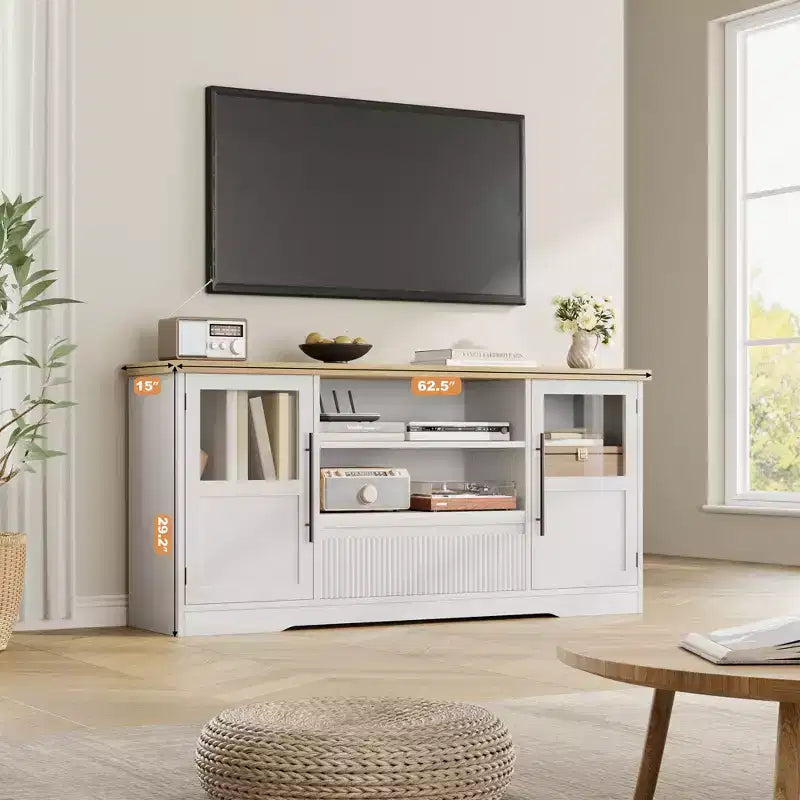 Meuble TV compatible avec les téléviseurs jusqu'à 72 pouces, meuble de divertissement avec motif ondulé et 2 armoires à portes vitrées, console multimédia TV avec 2 portes ouvertes (naturel+blanc)