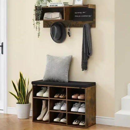 Meuble d'entrée avec banc à chaussures industriel 6 en 1, portemanteau/porte-chaussures avec 5 crochets, 9 compartiments de rangement avec étagère et petit tableau noir