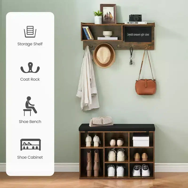 Meuble d'entrée avec banc à chaussures industriel 6 en 1, portemanteau/porte-chaussures avec 5 crochets, 9 compartiments de rangement avec étagère et petit tableau noir