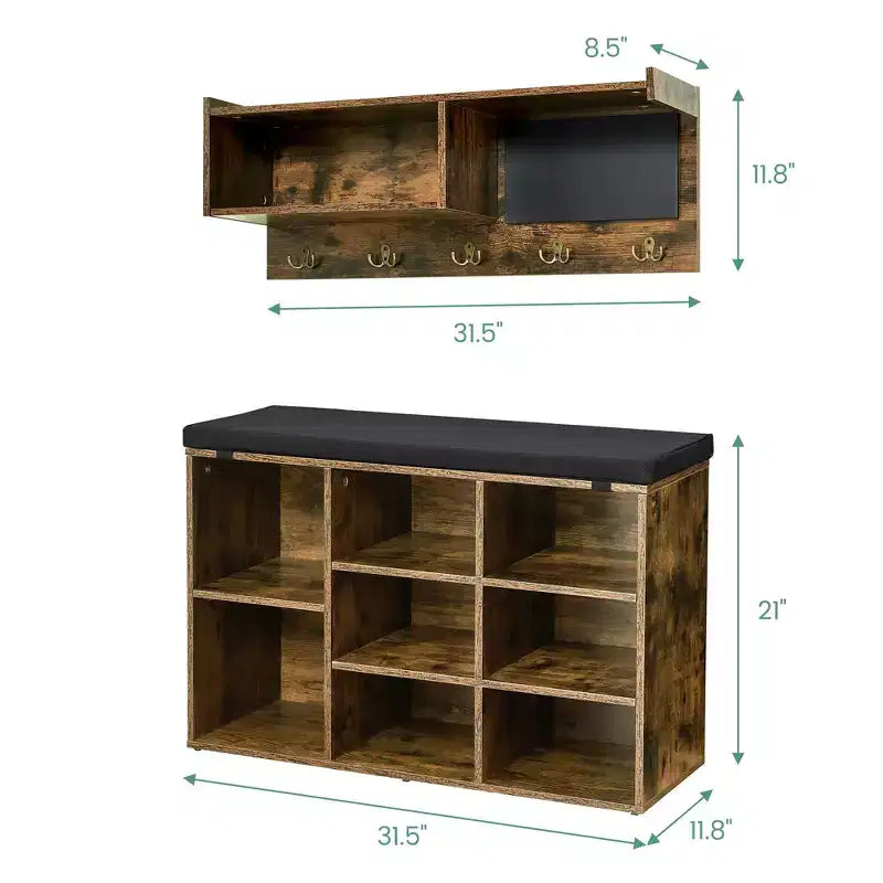 Meuble d'entrée avec banc à chaussures industriel 6 en 1, portemanteau/porte-chaussures avec 5 crochets, 9 compartiments de rangement avec étagère et petit tableau noir