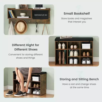 Meuble d'entrée avec banc à chaussures industriel 6 en 1, portemanteau/porte-chaussures avec 5 crochets, 9 compartiments de rangement avec étagère et petit tableau noir