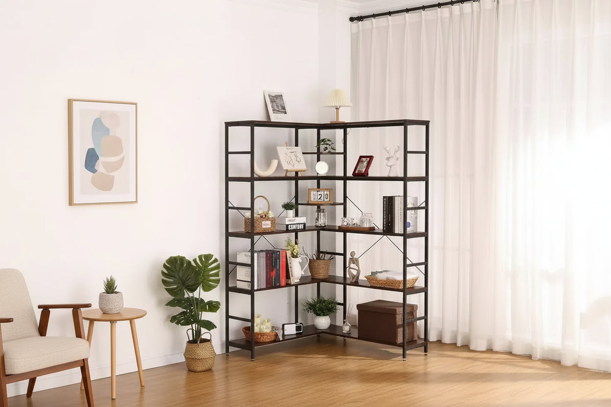 Acekool 5-Tier L-Shaped Bookcase, Metal Frame Corner Bookshelf with Open Storage and Curved Panels, Vintage Industrial for Living Room, Office