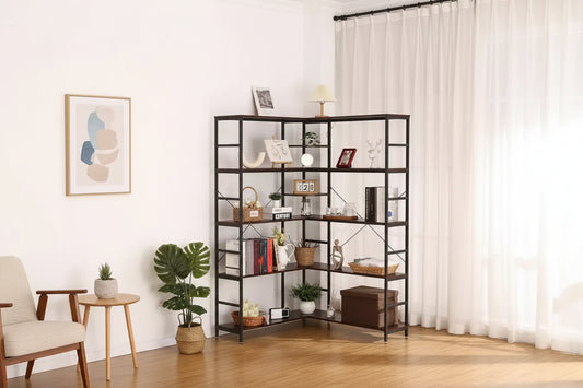Acekool 5-Tier L-Shaped Bookcase, Metal Frame Corner Bookshelf with Open Storage and Curved Panels, Vintage Industrial for Living Room, Office