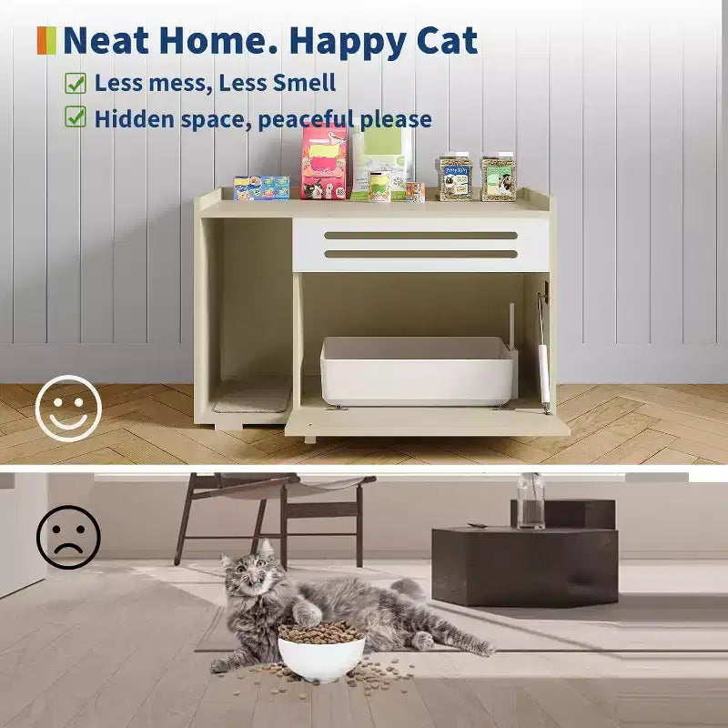 Meuble de litière pour chat avec panneau ventilé, meuble de litière caché avec porte abattante, maison de chat d'intérieur en bois