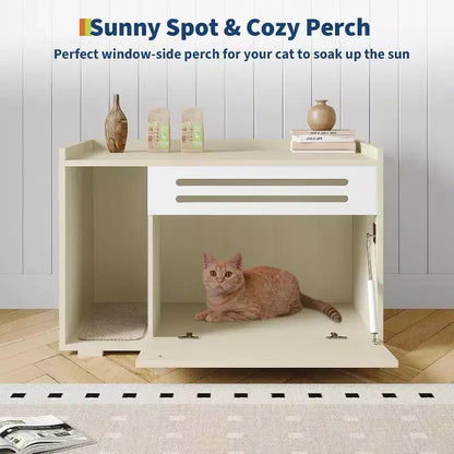 Meuble de litière pour chat avec panneau ventilé, meuble de litière caché avec porte abattante, maison de chat d'intérieur en bois