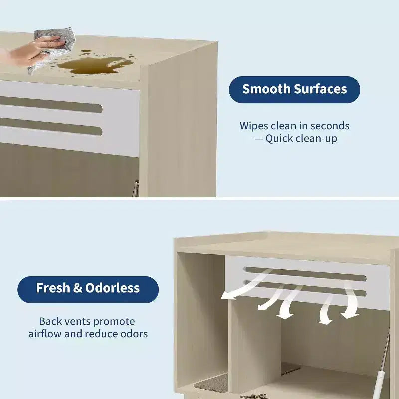 Meuble de litière pour chat avec panneau ventilé, meuble de litière caché avec porte abattante, maison de chat d'intérieur en bois