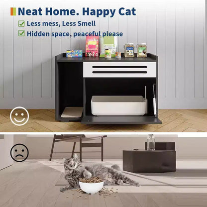 Meuble de litière pour chat avec panneau ventilé, meuble de litière caché avec porte abattante, maison de chat d'intérieur en bois