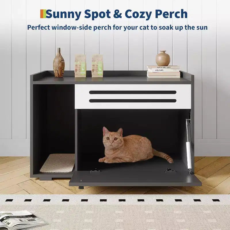 Meuble de litière pour chat avec panneau ventilé, meuble de litière caché avec porte abattante, maison de chat d'intérieur en bois
