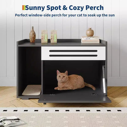 Meuble de litière pour chat avec panneau ventilé, meuble de litière caché avec porte abattante, maison de chat d'intérieur en bois