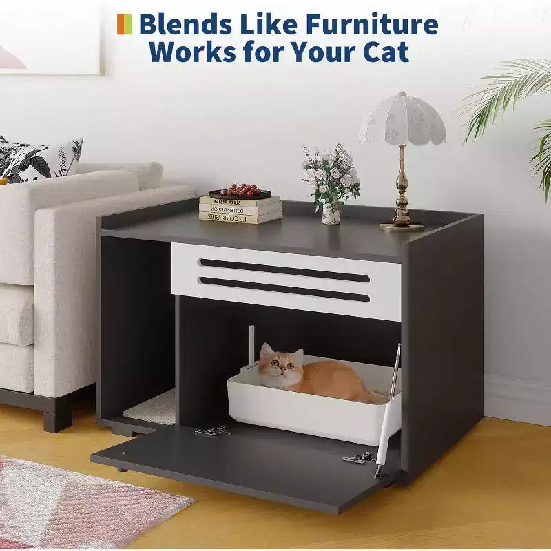 Meuble de litière pour chat avec panneau ventilé, meuble de litière caché avec porte abattante, maison de chat d'intérieur en bois