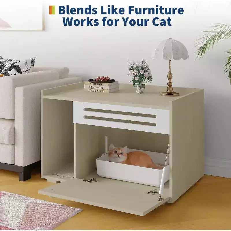 Meuble de litière pour chat avec panneau ventilé, meuble de litière caché avec porte abattante, maison de chat d'intérieur en bois
