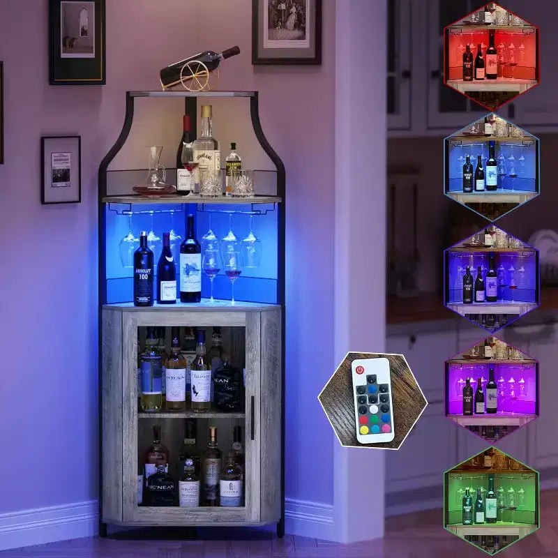Meuble d'angle de bar, Armoire à vin industrielle avec étagère réglable, Meuble de bar à liqueurs à 5 niveaux pour la maison, Vitrine d'angle