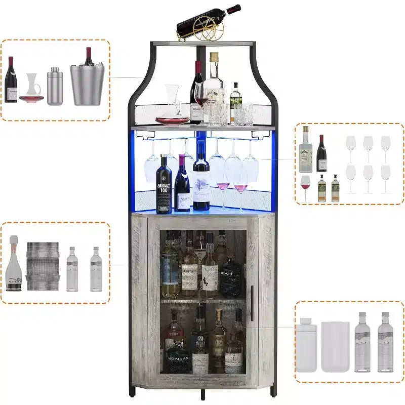 Meuble d'angle de bar, Armoire à vin industrielle avec étagère réglable, Meuble de bar à liqueurs à 5 niveaux pour la maison, Vitrine d'angle