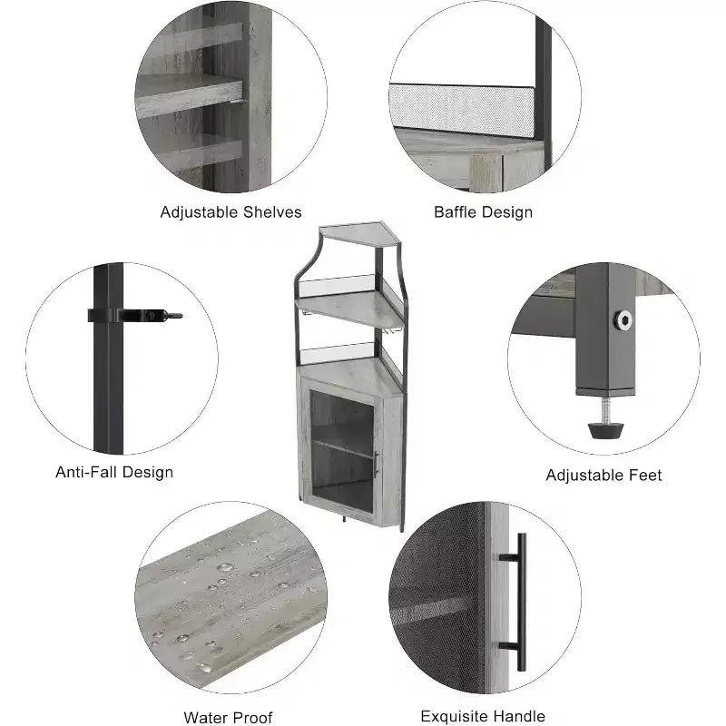 Meuble d'angle de bar, Armoire à vin industrielle avec étagère réglable, Meuble de bar à liqueurs à 5 niveaux pour la maison, Vitrine d'angle
