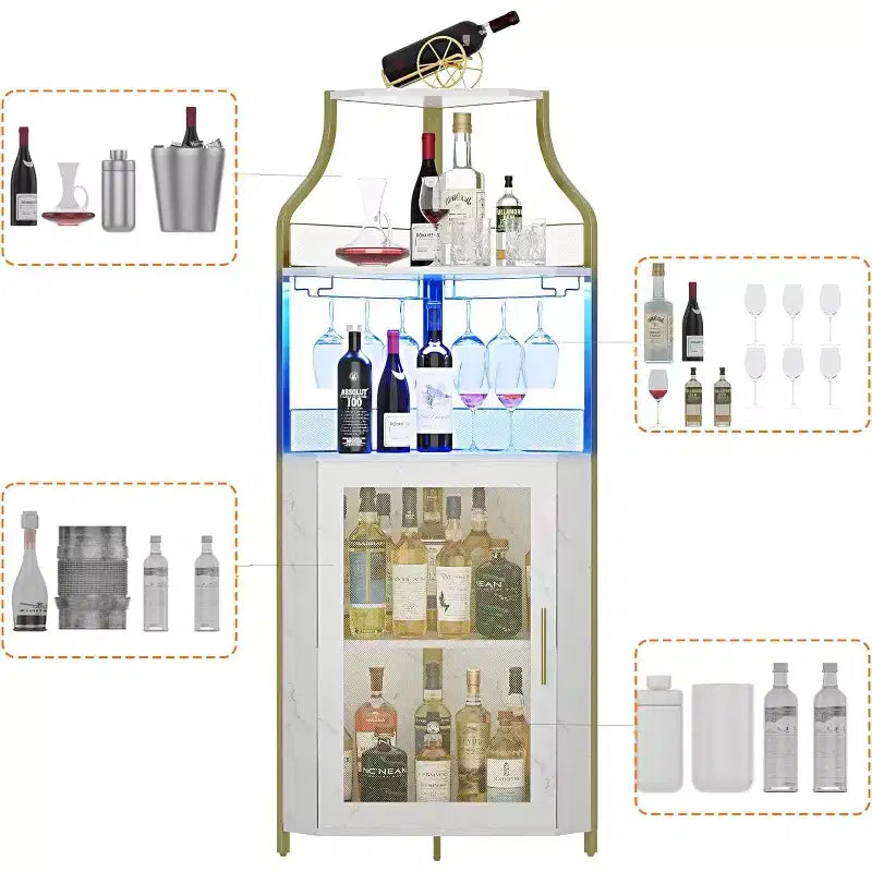 Meuble d'angle de bar, Armoire à vin industrielle avec étagère réglable, Meuble de bar à liqueurs à 5 niveaux pour la maison, Vitrine d'angle