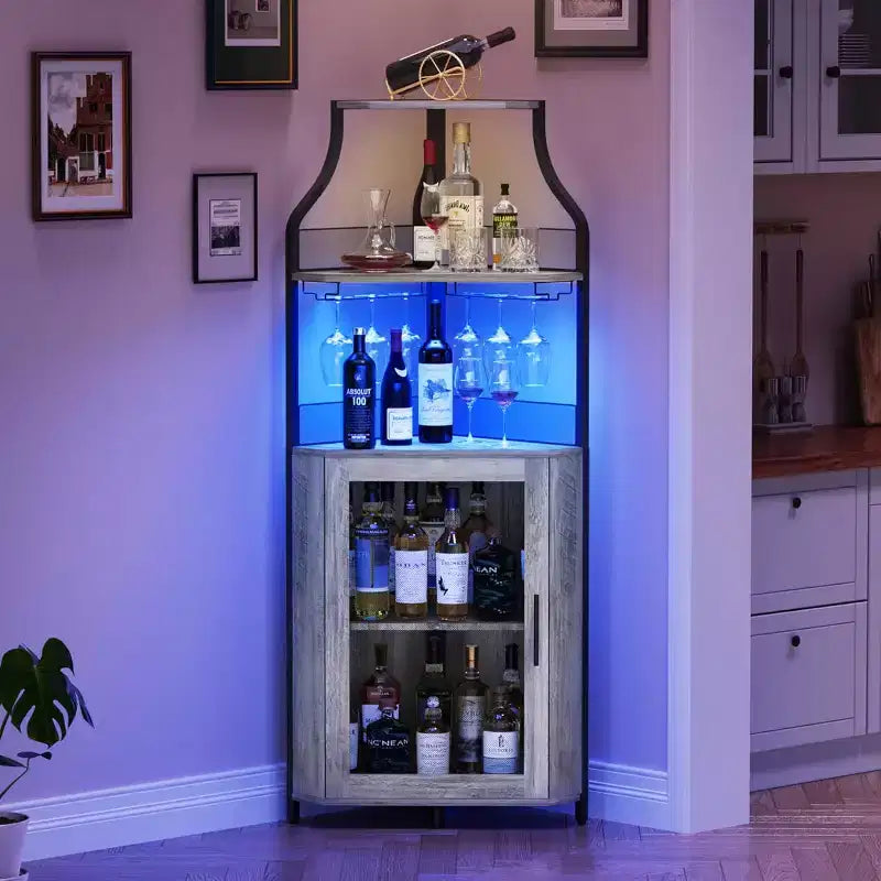 Meuble d'angle de bar, Armoire à vin industrielle avec étagère réglable, Meuble de bar à liqueurs à 5 niveaux pour la maison, Vitrine d'angle