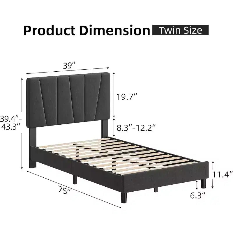 Cadre de lit double avec tête de lit réglable, sommier tapissier en lin avec lattes en bois solides, soutien de matelas, gris foncé