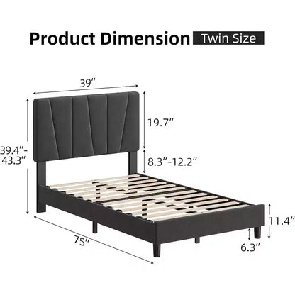 Cadre de lit double avec tête de lit réglable, sommier tapissier en lin avec lattes en bois solides, soutien de matelas, gris foncé