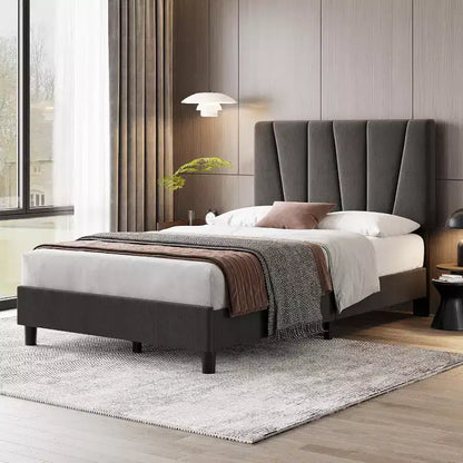 Cadre de lit double avec tête de lit réglable, sommier tapissier en lin avec lattes en bois solides, soutien de matelas, gris foncé