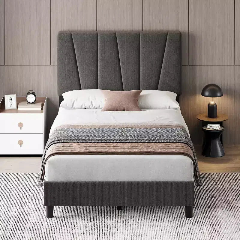 Cadre de lit double avec tête de lit réglable, sommier tapissier en lin avec lattes en bois solides, soutien de matelas, gris foncé