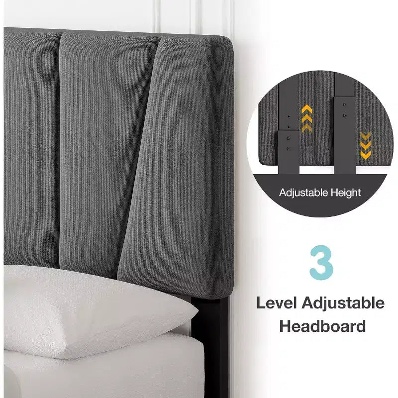 Cadre de lit double avec tête de lit réglable, sommier tapissier en lin avec lattes en bois solides, soutien de matelas, gris foncé
